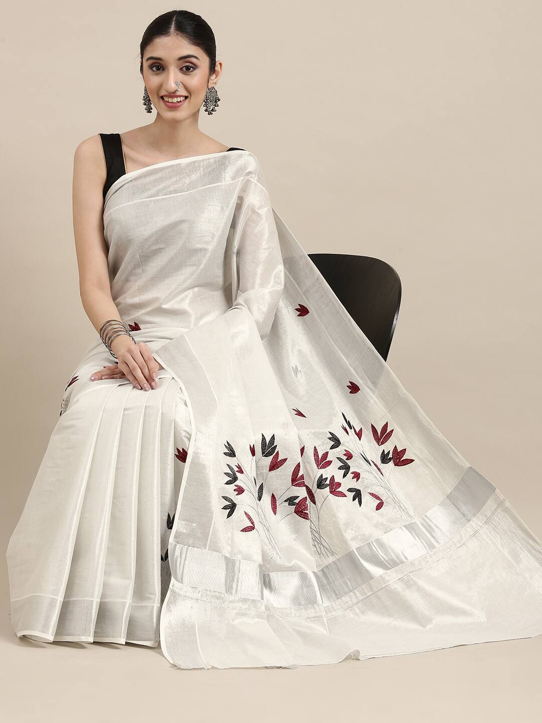 Traditional Onam Kasavu Tissue Embroidery Kerala Saree